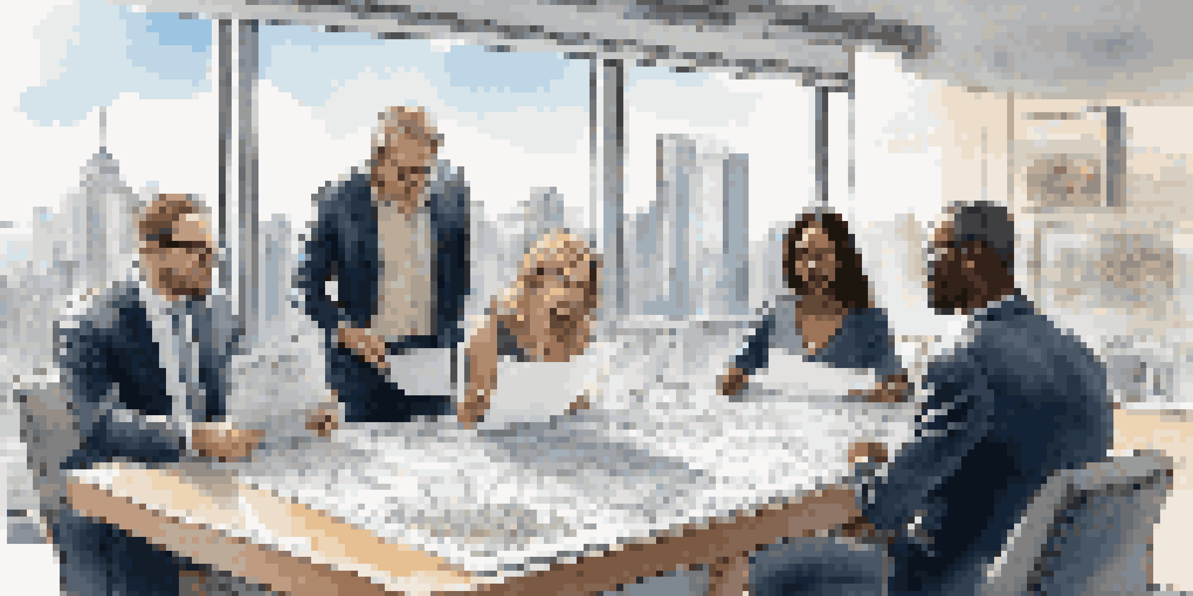 A diverse group of investors discussing real estate investment documents around a conference table, with a city skyline visible through the windows.