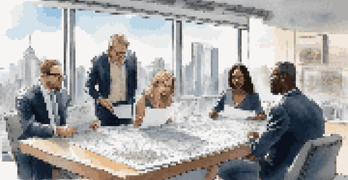 A diverse group of investors discussing real estate investment documents around a conference table, with a city skyline visible through the windows.
