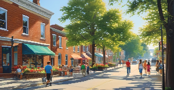 A picturesque historic neighborhood street with brick buildings, flower boxes, and people enjoying coffee, children playing in a park under sunny skies.