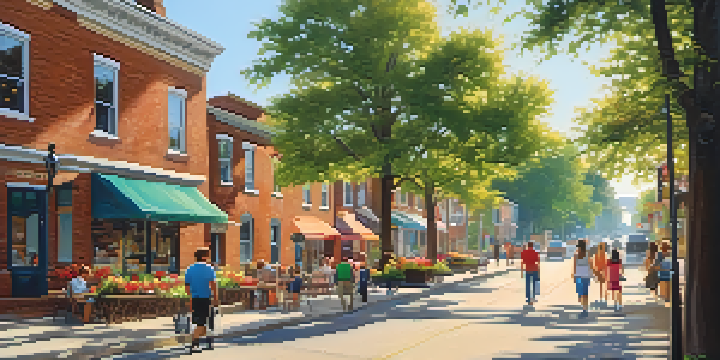 A picturesque historic neighborhood street with brick buildings, flower boxes, and people enjoying coffee, children playing in a park under sunny skies.