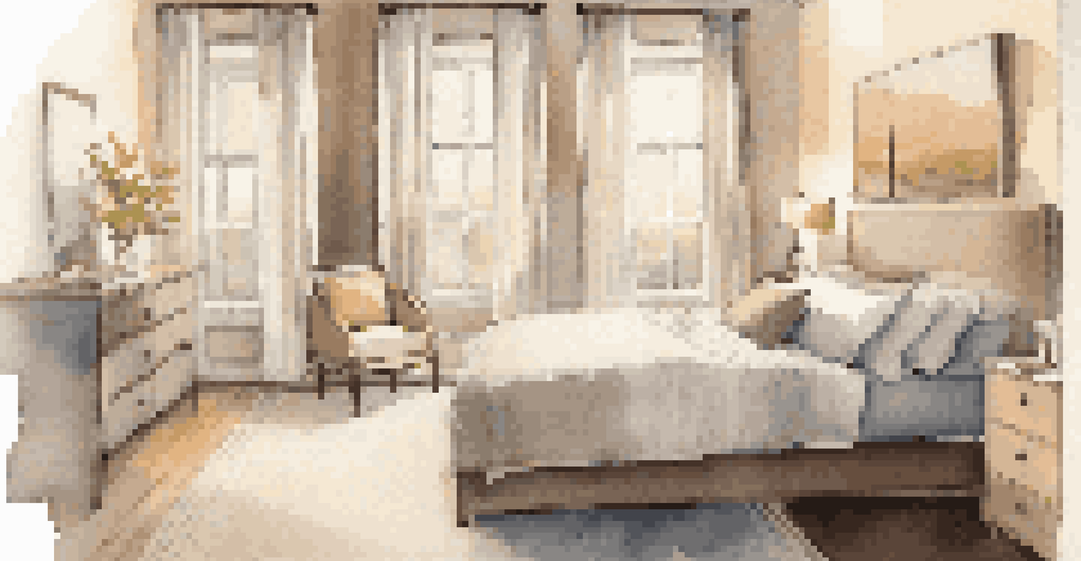 A serene bedroom with warm smart lighting, an air quality monitor on the bedside table, and soft curtains allowing gentle light.