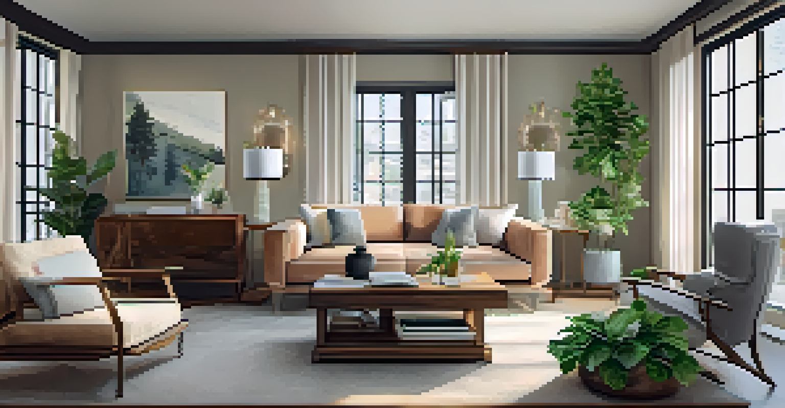 A cozy living room with elegant furniture and plants, filled with natural light, featuring financial documents and a laptop on the coffee table.