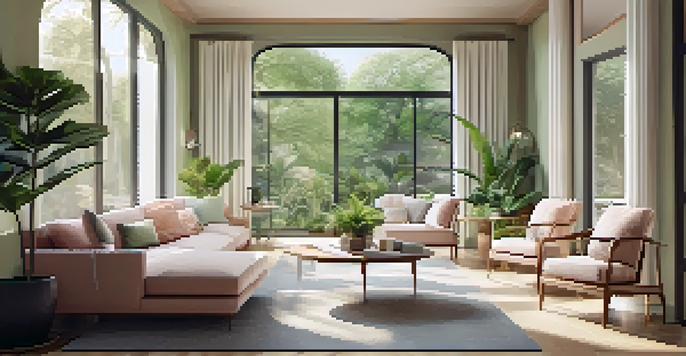 A bright living room adorned with plants, large windows, and soft furniture, promoting a peaceful ambiance.