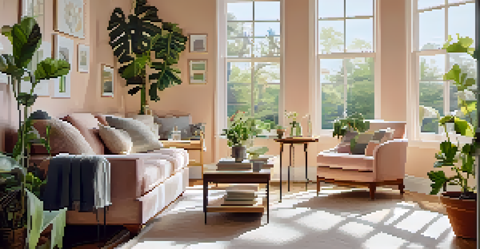 A cozy living room painted in soft pastel colors with sunlight streaming through large windows, featuring comfortable furniture and plants.