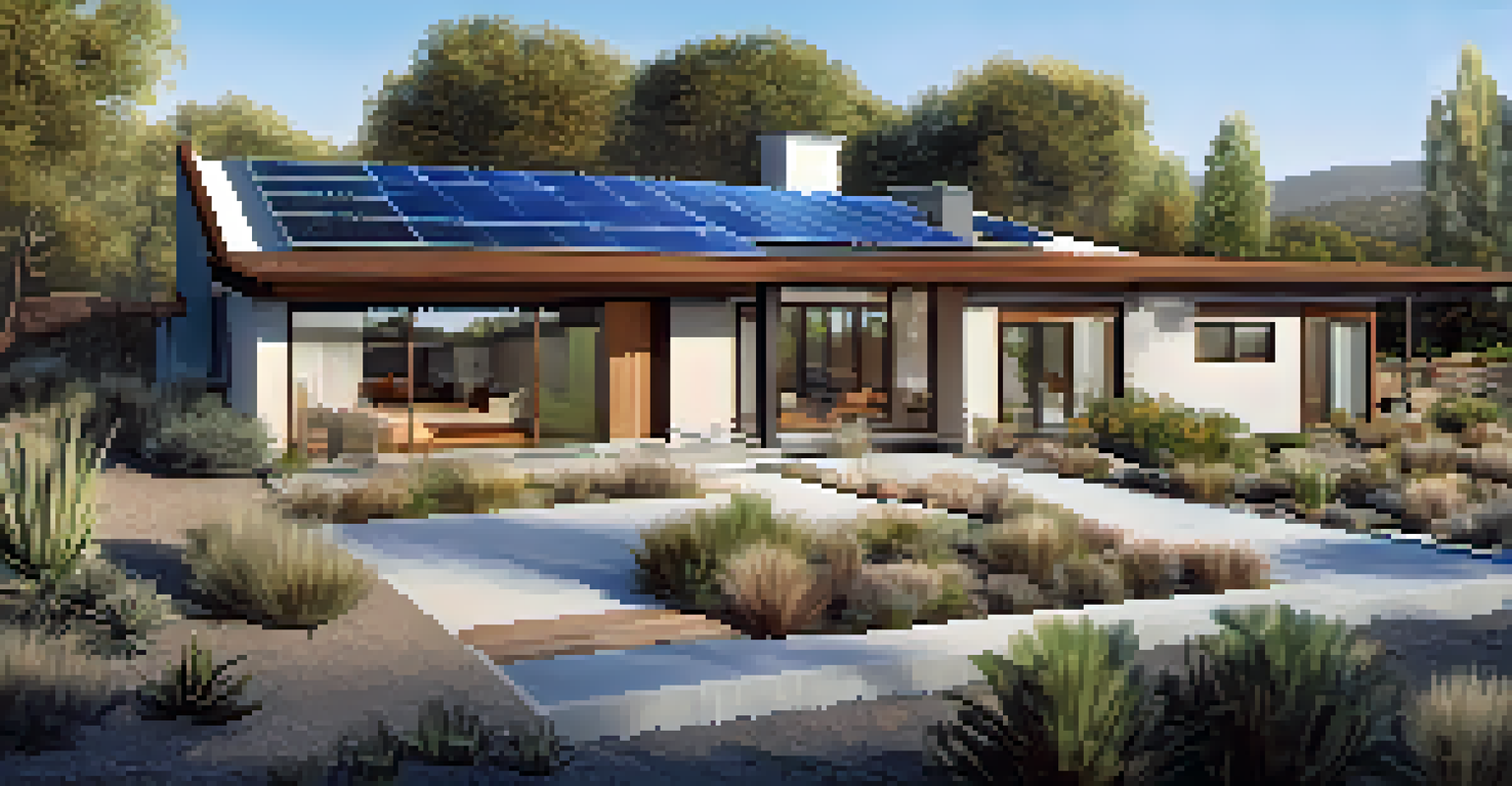 A modern home with solar panels and native landscaping, featuring drought-resistant plants and a rainwater harvesting system.