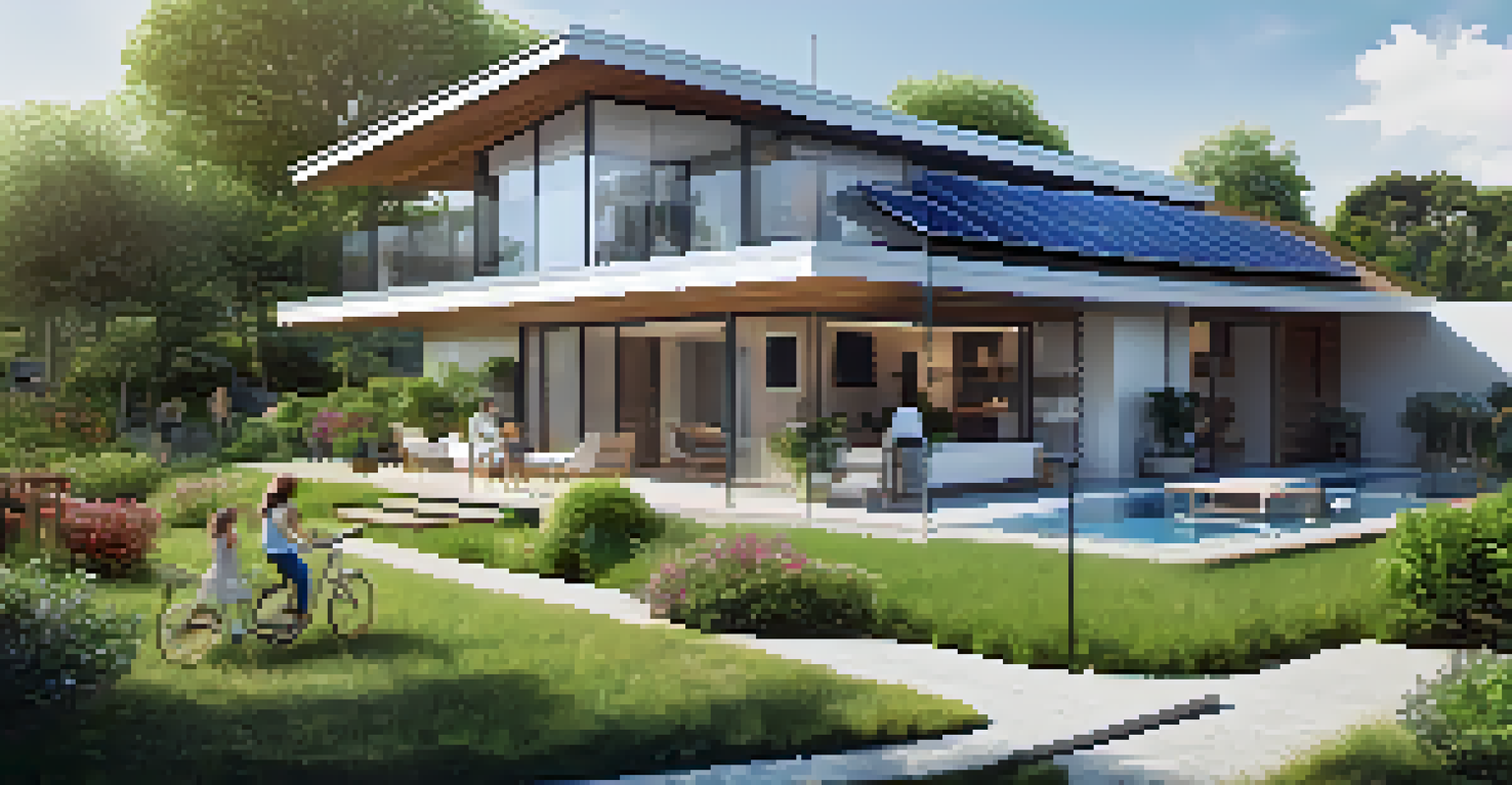 A modern house with solar panels on the roof, surrounded by greenery and a clear sky, depicting a family enjoying their garden.