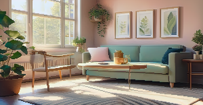 A bright and cozy living room with a sofa, coffee table, and natural light coming through large windows.