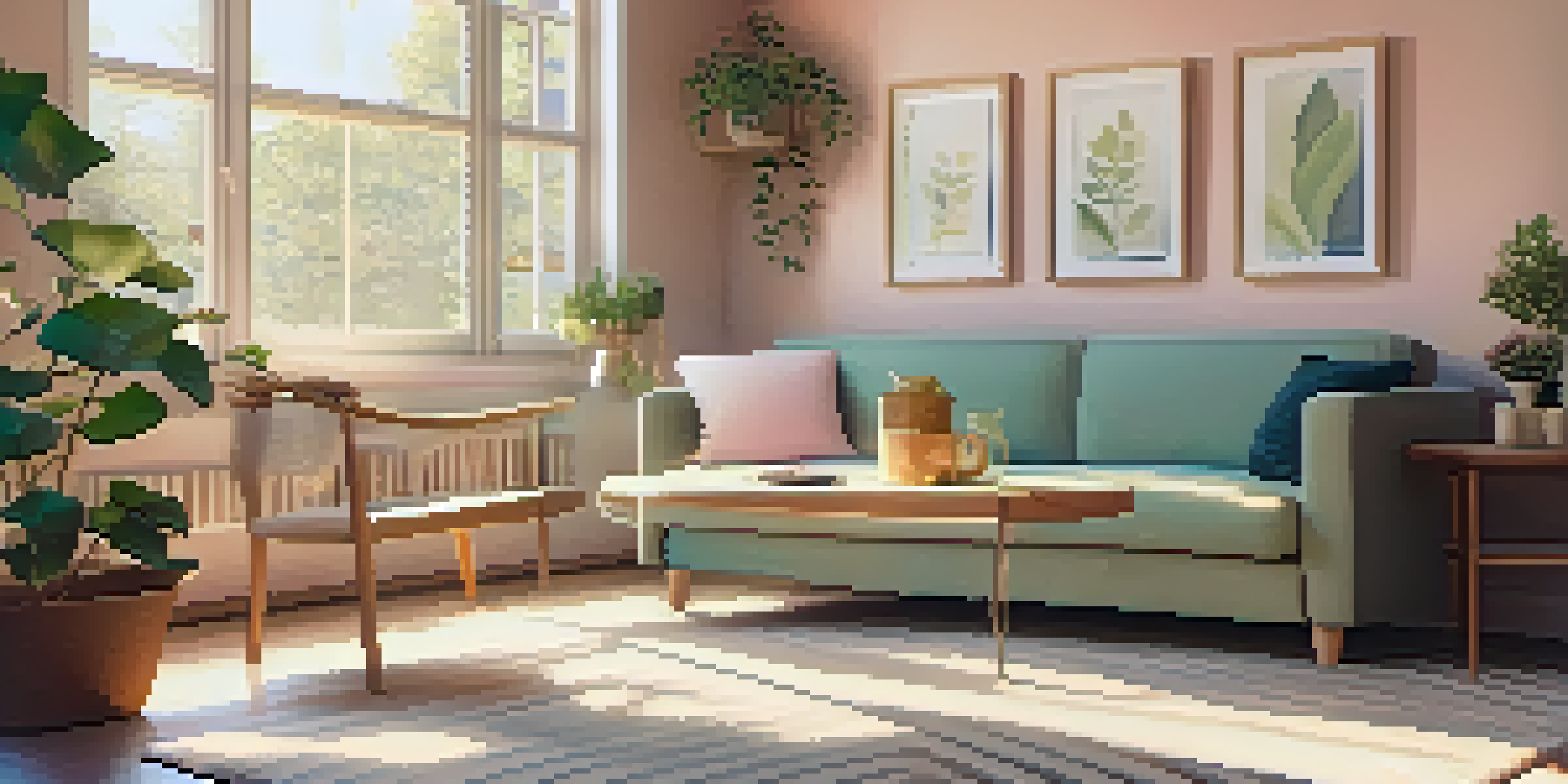 A bright and cozy living room with a sofa, coffee table, and natural light coming through large windows.