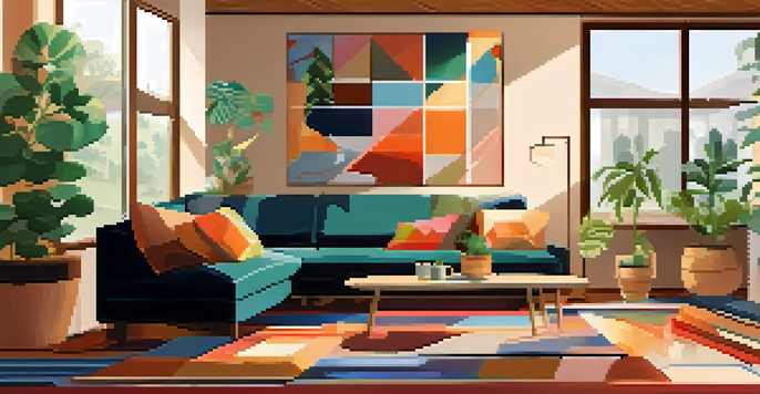 A cozy living room with colorful geometric wall decals, a plush sofa, and a coffee table with books and a mug.