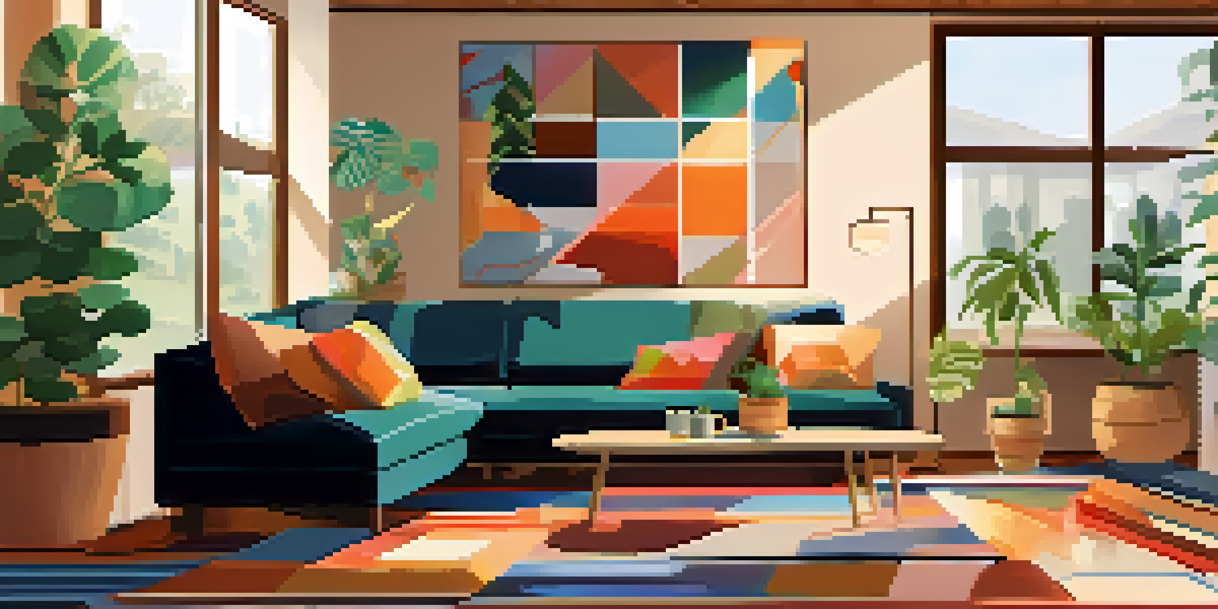 A cozy living room with colorful geometric wall decals, a plush sofa, and a coffee table with books and a mug.