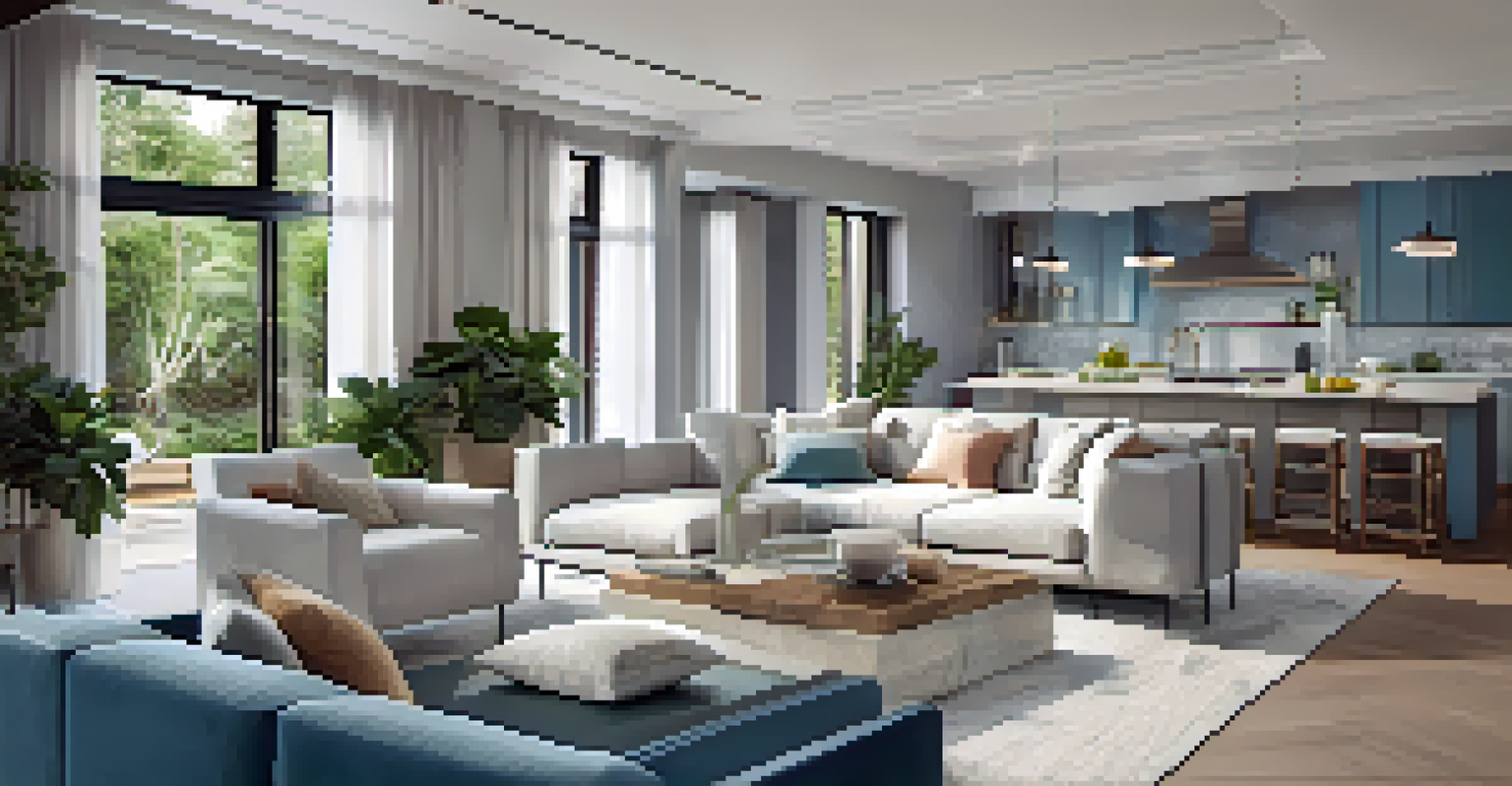 An elegant open concept living area with a comfortable sofa, dining table, and kitchen island, decorated with plants and soft lighting in light blue and white tones.