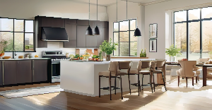 A modern kitchen with energy-efficient appliances and a spacious open floor plan filled with natural light.