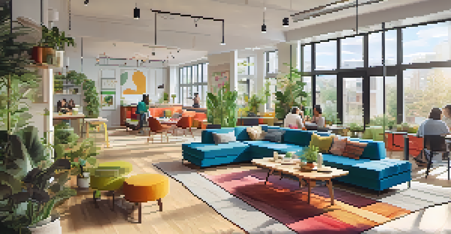 A lively communal lounge in a micro-apartment building, where residents are socializing among colorful furniture and plants.