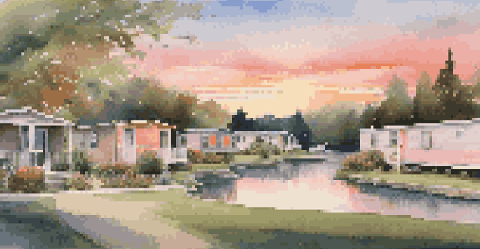 A peaceful mobile home park during sunset, with colorful skies and residents enjoying the outdoor space.