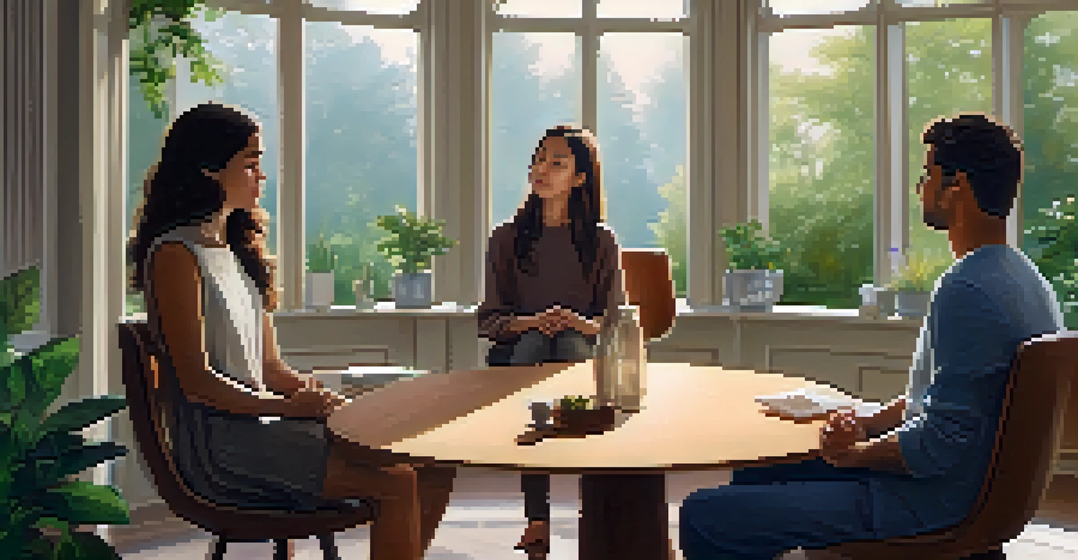 A mediation session in a cozy room with two individuals discussing at a round table.