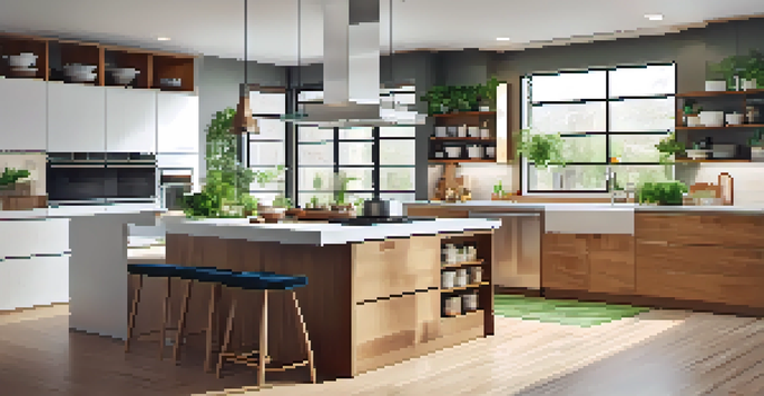 A modern kitchen showcasing a spacious layout, central island, and bright natural light with a functional design.