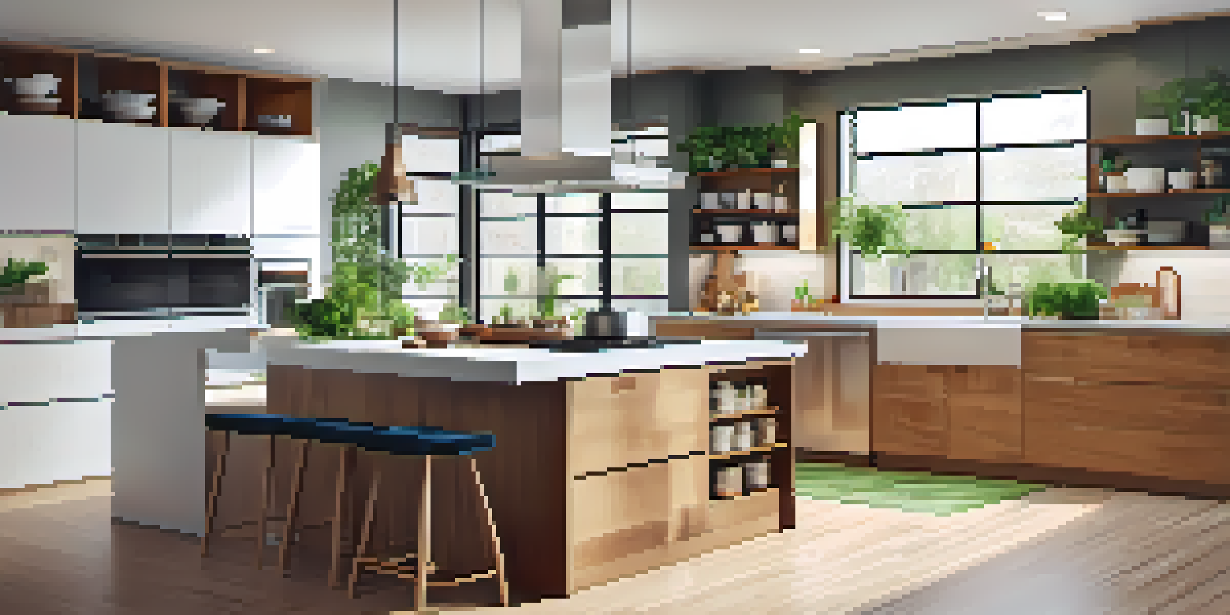 A modern kitchen showcasing a spacious layout, central island, and bright natural light with a functional design.