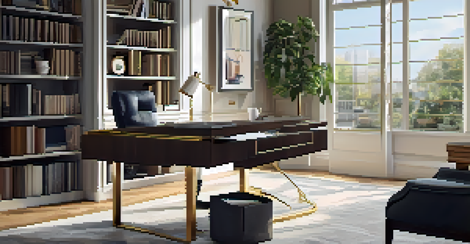 A modern home office with a desk, chair, and bookshelves, filled with bright sunlight.
