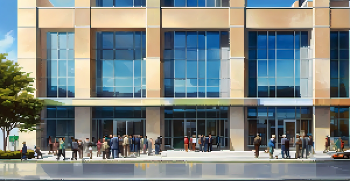 A modern government office with residents discussing property tax assessments outside, showcasing community engagement.