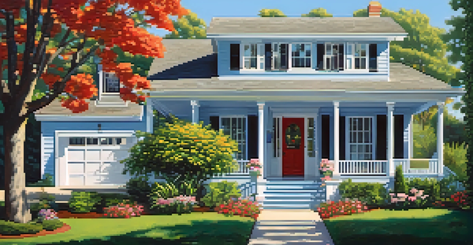 A peaceful suburban home with green surroundings, a porch, and a sign indicating flood insurance.