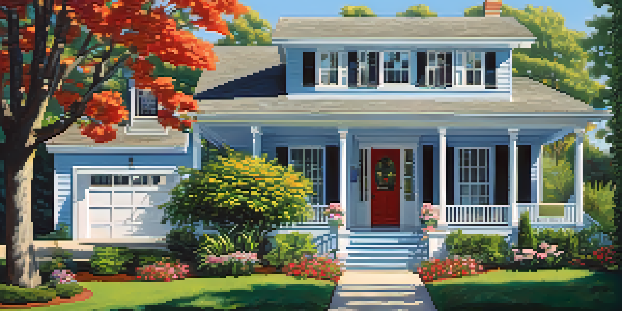 A peaceful suburban home with green surroundings, a porch, and a sign indicating flood insurance.