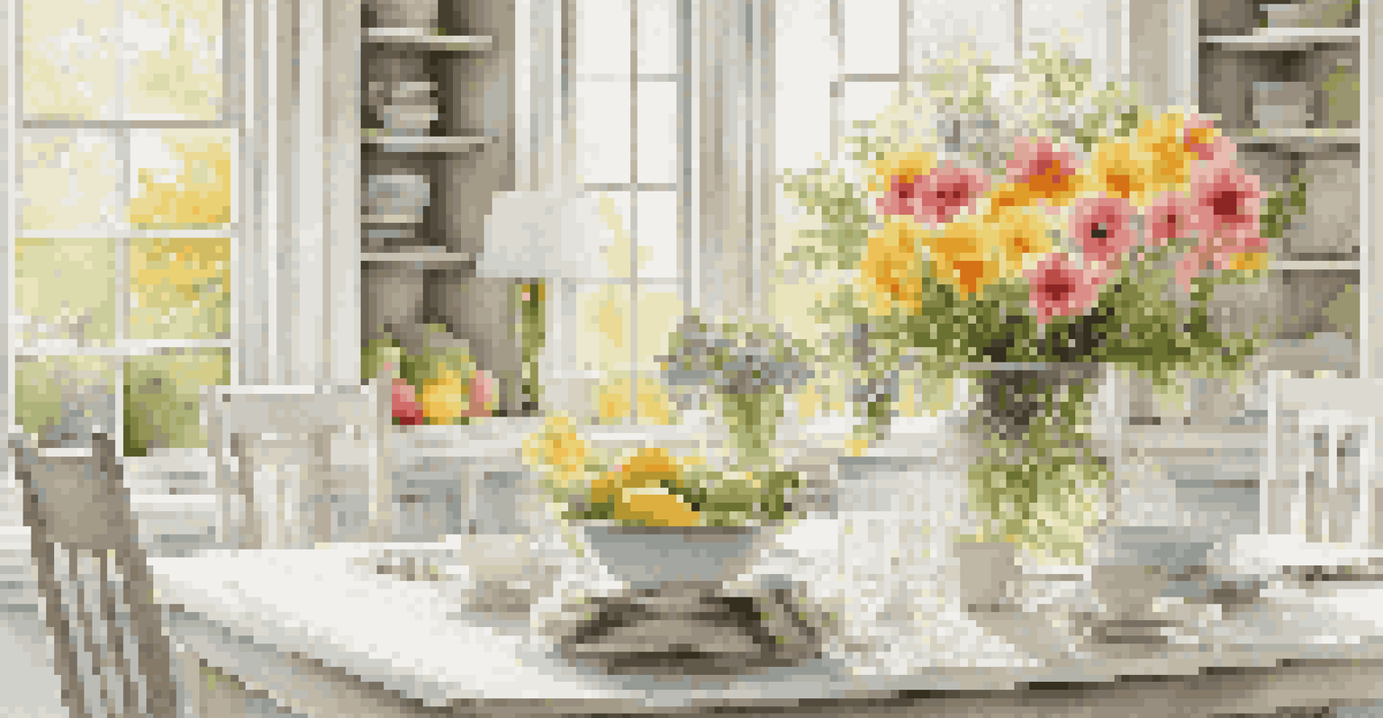 A spring kitchen featuring a white dining table with pastel plates and a centerpiece of fresh flowers, illuminated by sunlight through a window.