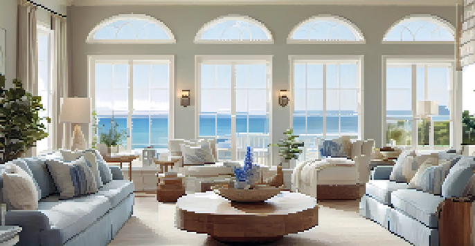 An open-concept living room in a coastal home filled with natural light, showcasing ocean views and coastal decor.