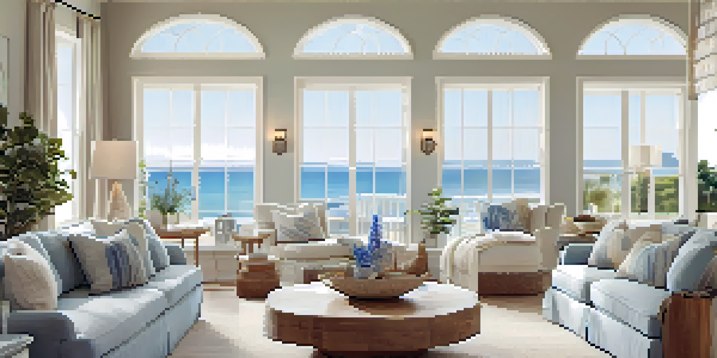 An open-concept living room in a coastal home filled with natural light, showcasing ocean views and coastal decor.
