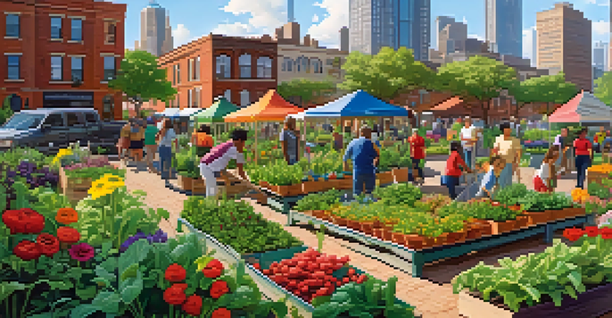 A diverse group of people working together in a colorful community garden surrounded by a city skyline.