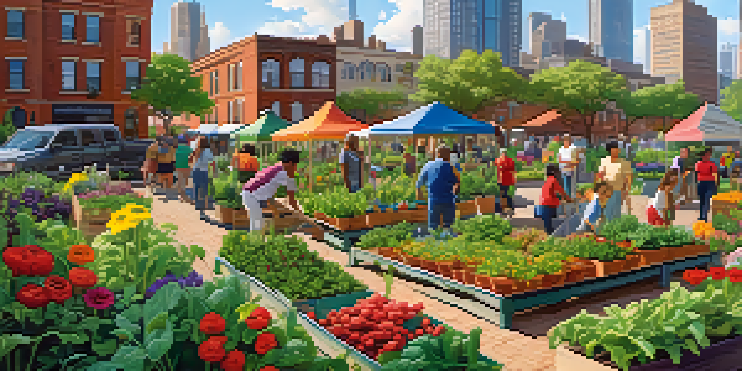A diverse group of people working together in a colorful community garden surrounded by a city skyline.