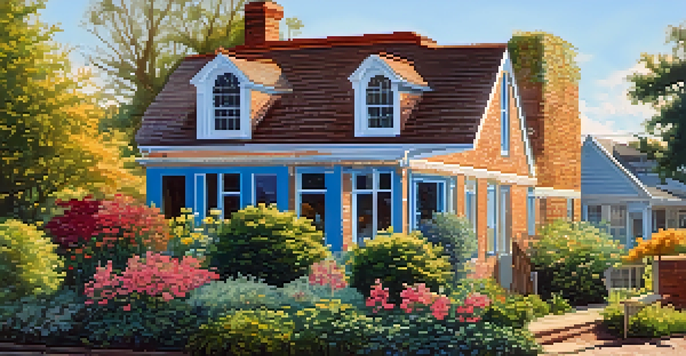 An older home with a beautiful garden and a ladder against it, suggesting recent roof repairs under a sunny sky.