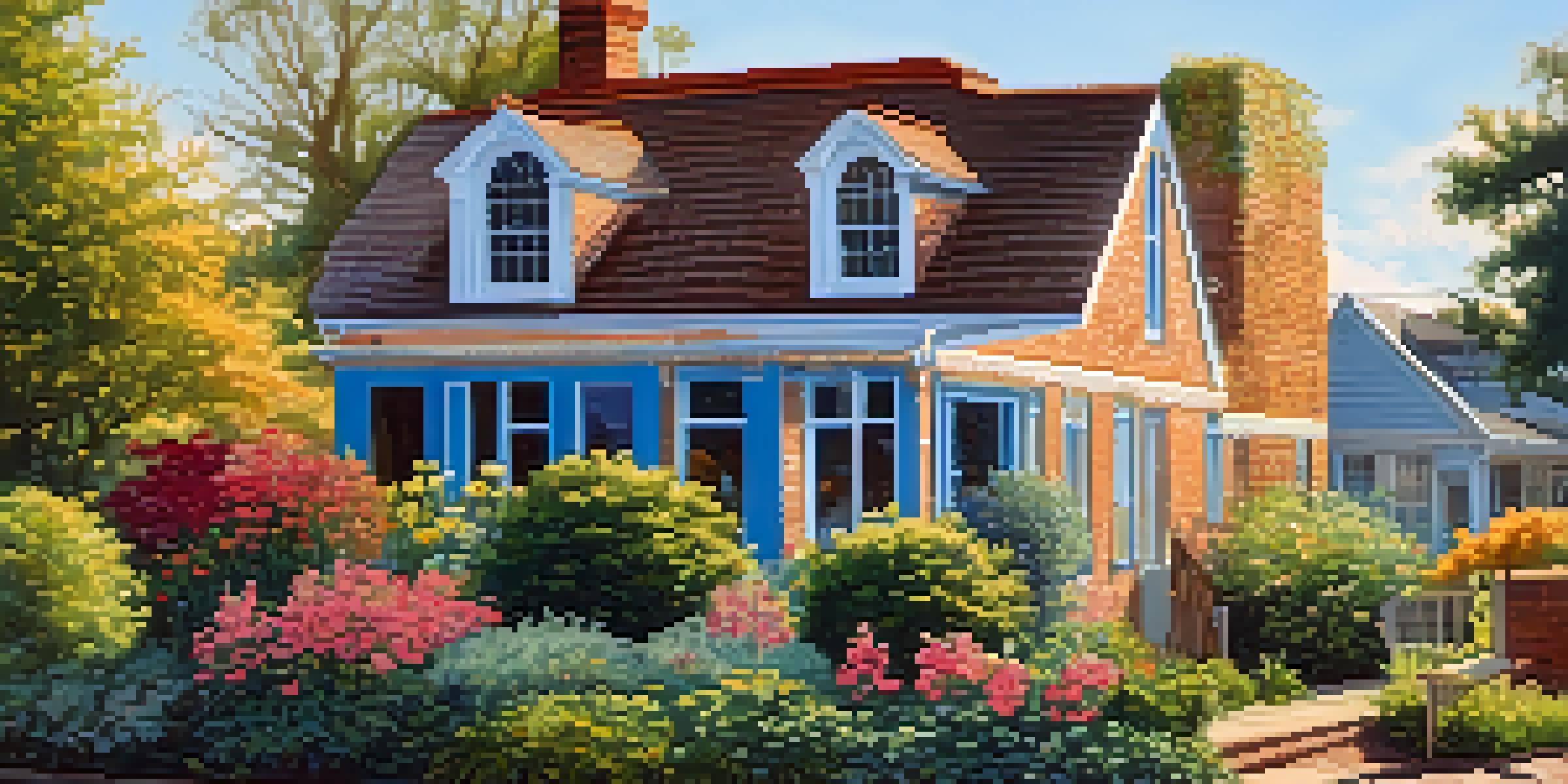 An older home with a beautiful garden and a ladder against it, suggesting recent roof repairs under a sunny sky.