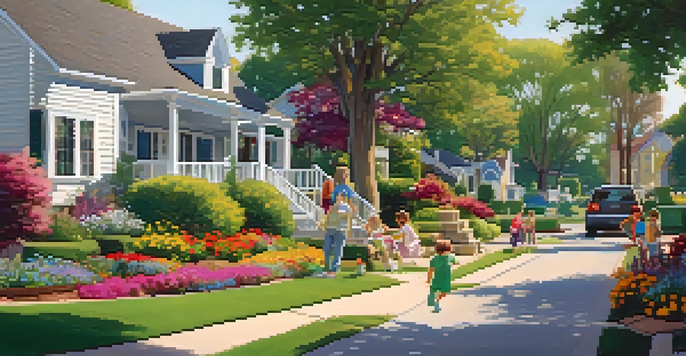A peaceful suburban neighborhood with colorful gardens and children playing outside, under warm sunlight.