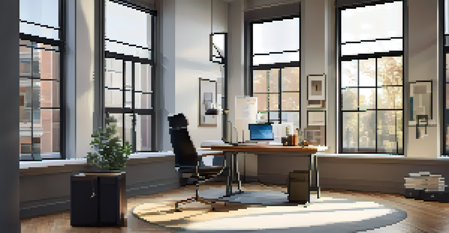 A modern workspace with a desk lamp, ambient ceiling lights, and natural light from a window, featuring a mirror.