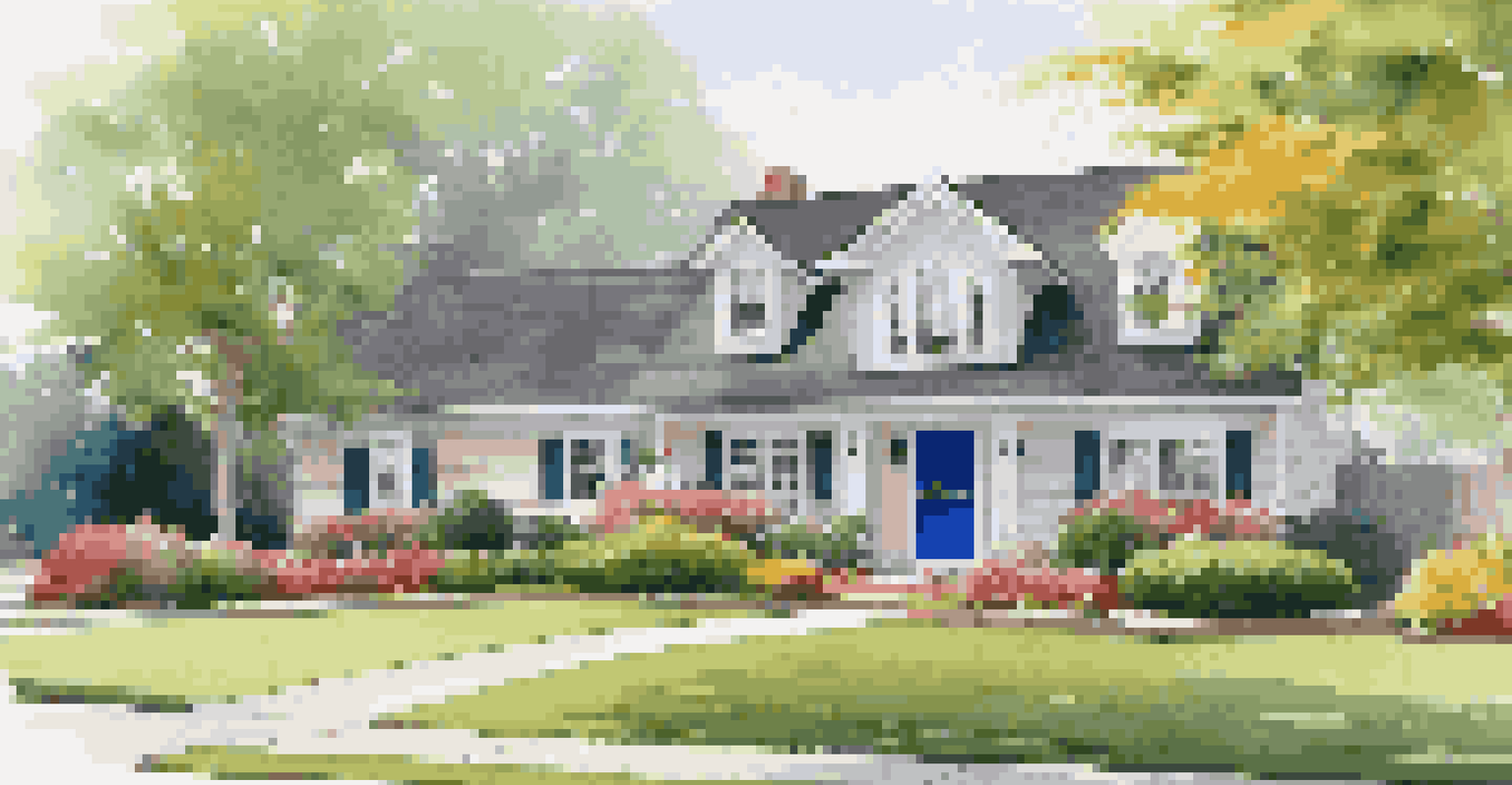 A charming home exterior with a green lawn, trimmed bushes, vibrant flowers, and a freshly painted front door, creating an attractive first impression.