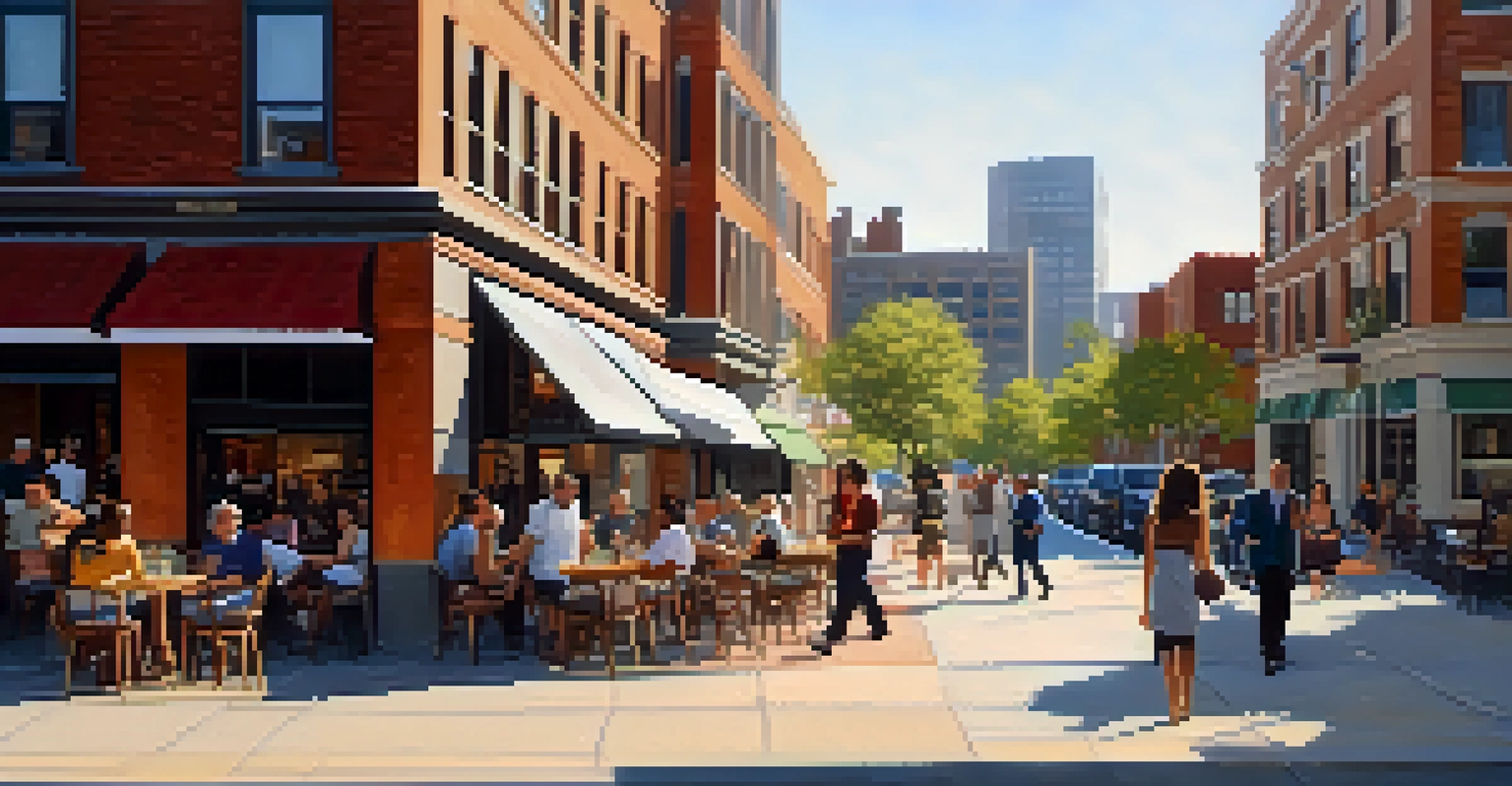 A busy urban street with a café and apartment buildings, filled with people enjoying the afternoon sun.