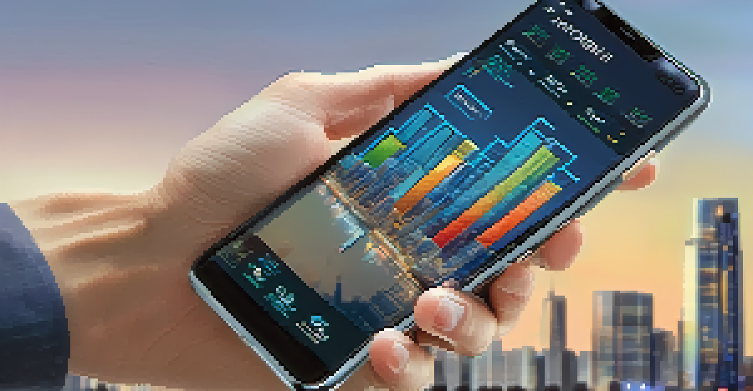 Close-up of a hand holding a smartphone with a real estate crowdfunding app, set against a blurred city skyline.