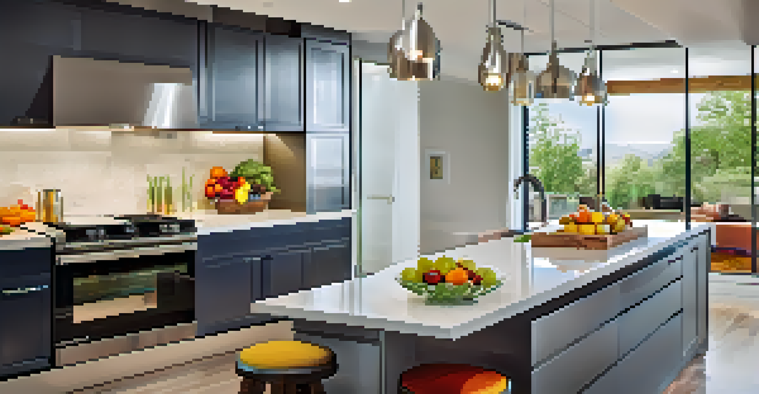 A bright modern kitchen with LED lighting, countertops, and fresh fruits.