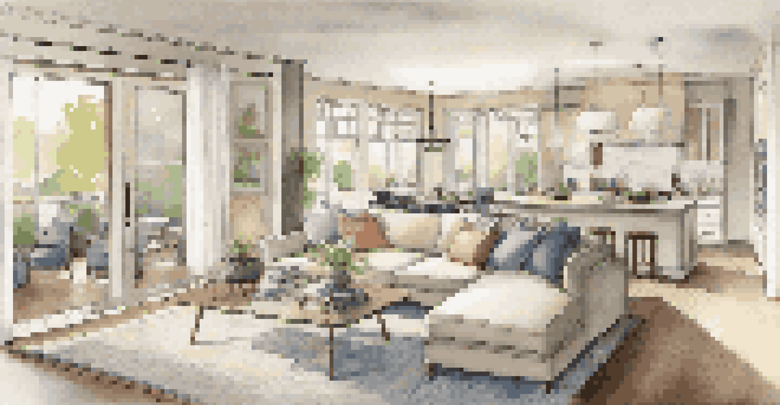 An interior view of an open floor plan with defined zones for living and dining areas, featuring furniture placement, area rugs, and natural light.
