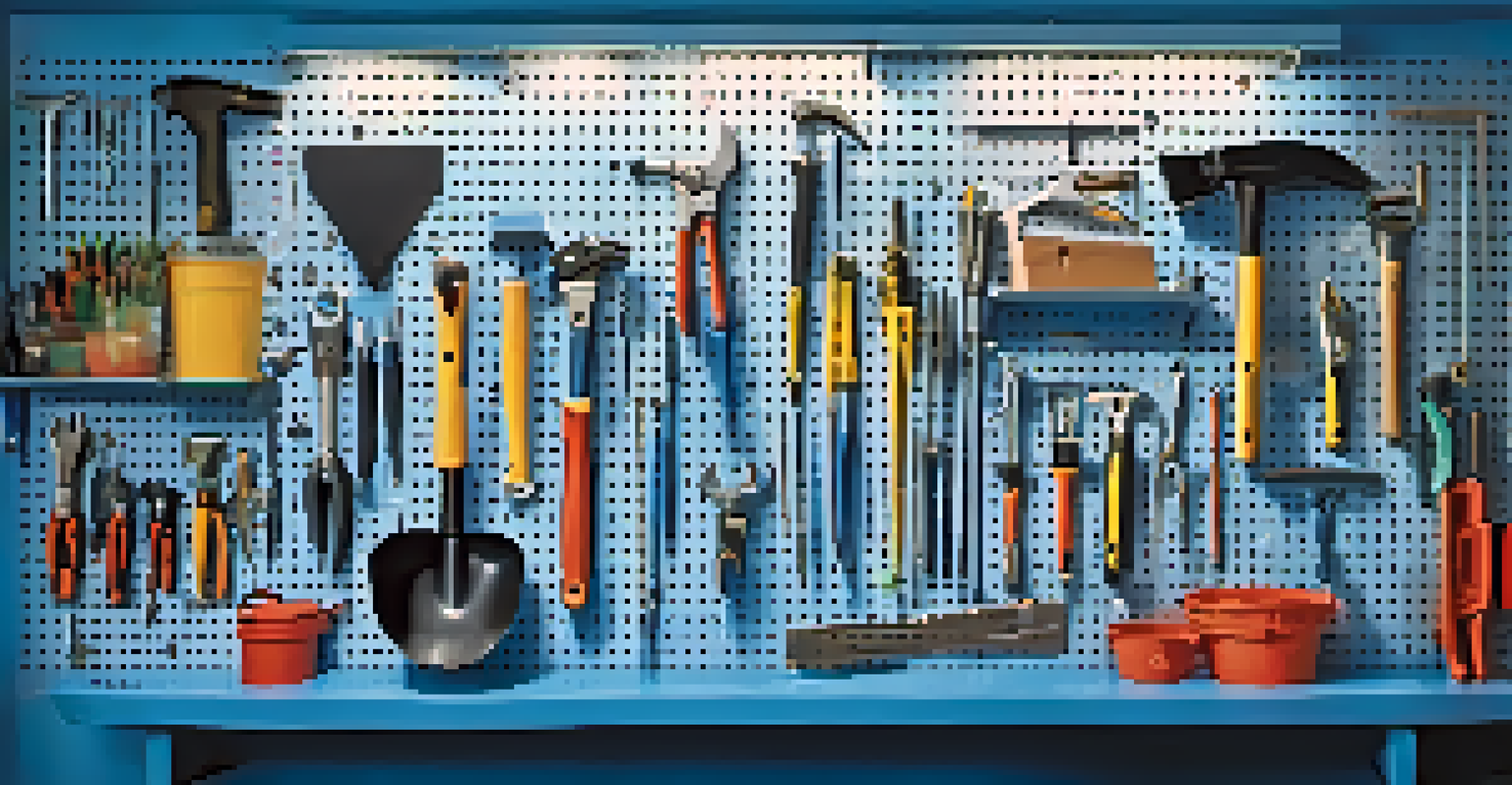 A vibrant blue pegboard wall in a garage with neatly arranged tools categorized by type, illuminated by soft lighting.