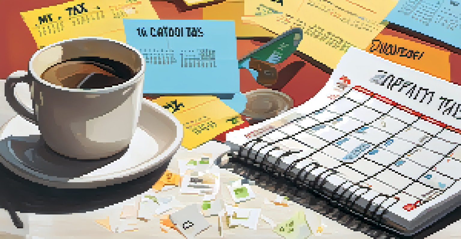 A calendar with property tax due dates marked, surrounded by reminders and a calculator.