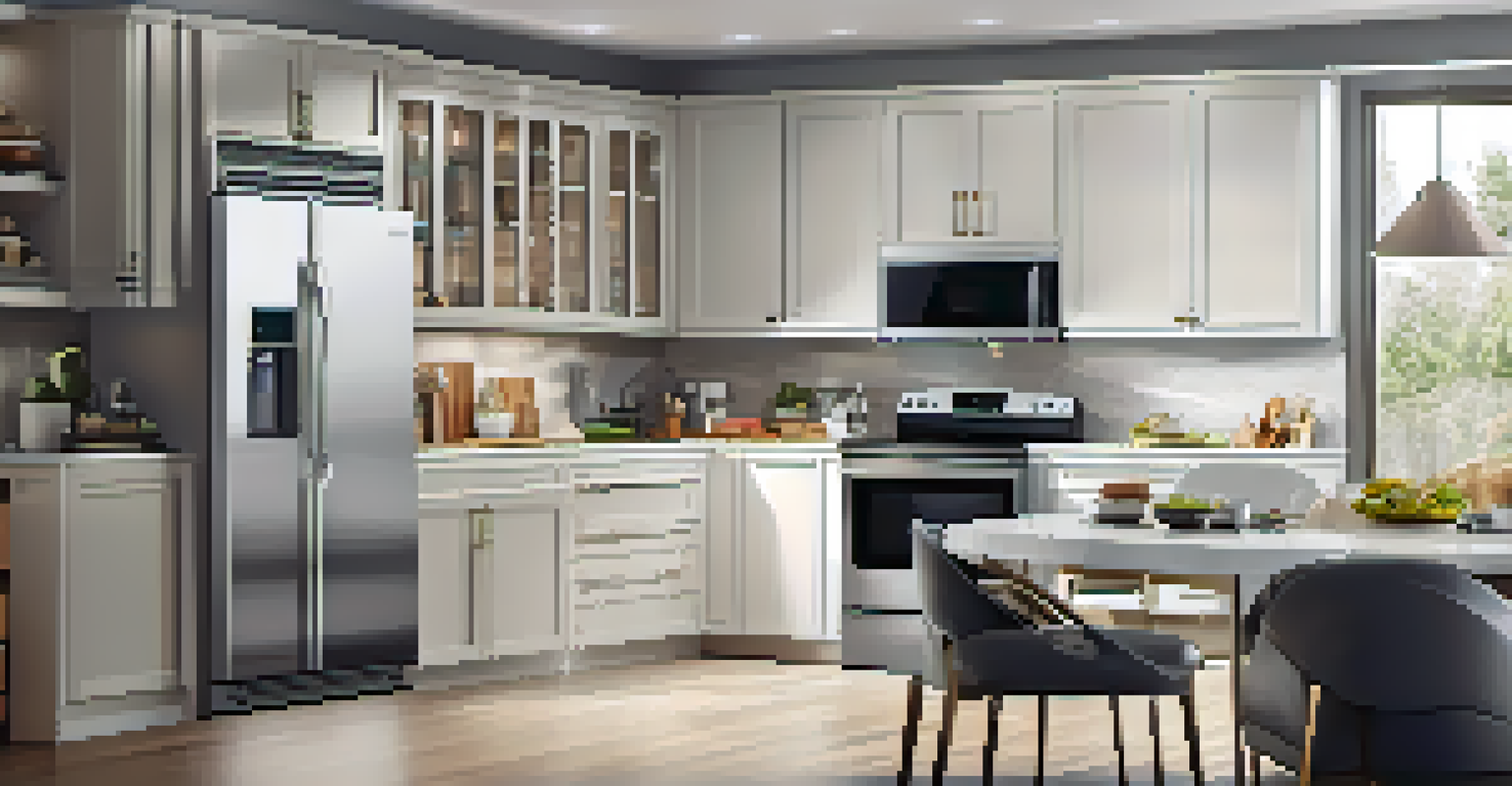 An elegant kitchen with smart appliances and a smartphone showing control apps.