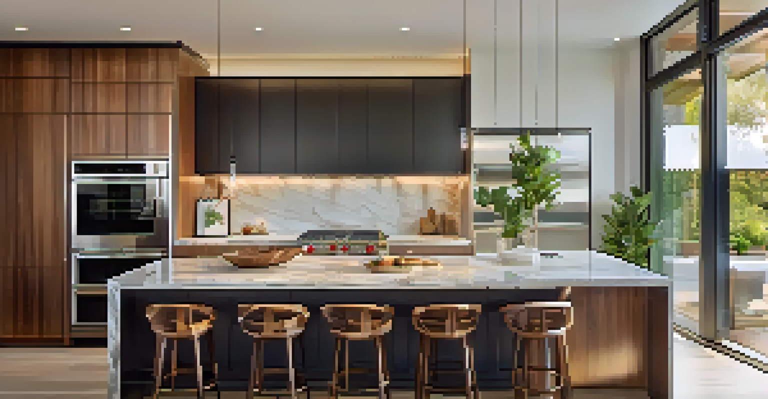 A modern kitchen with an island, bar stools, and under-cabinet lighting. Large windows provide natural light.