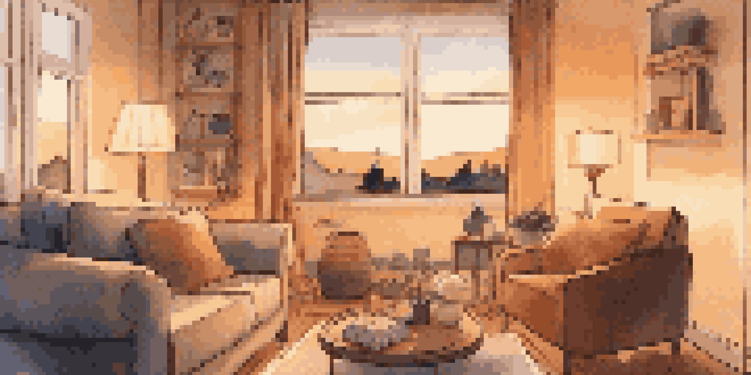 A cozy living room with a smart speaker, soft amber lighting, and plush cushions, creating a relaxing atmosphere.