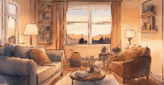 A cozy living room with a smart speaker, soft amber lighting, and plush cushions, creating a relaxing atmosphere.