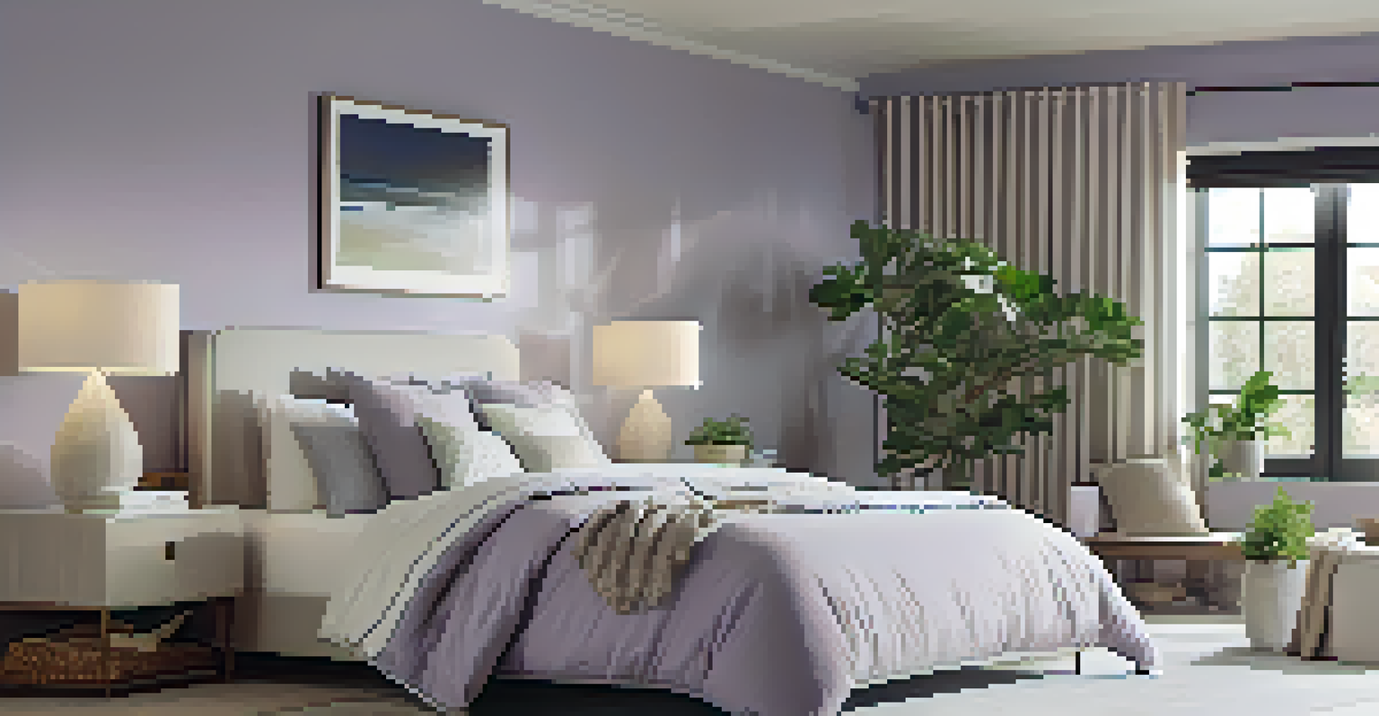 A tranquil bedroom in light lavender with a neatly made bed, soft bedding, and green plants, filled with natural light.