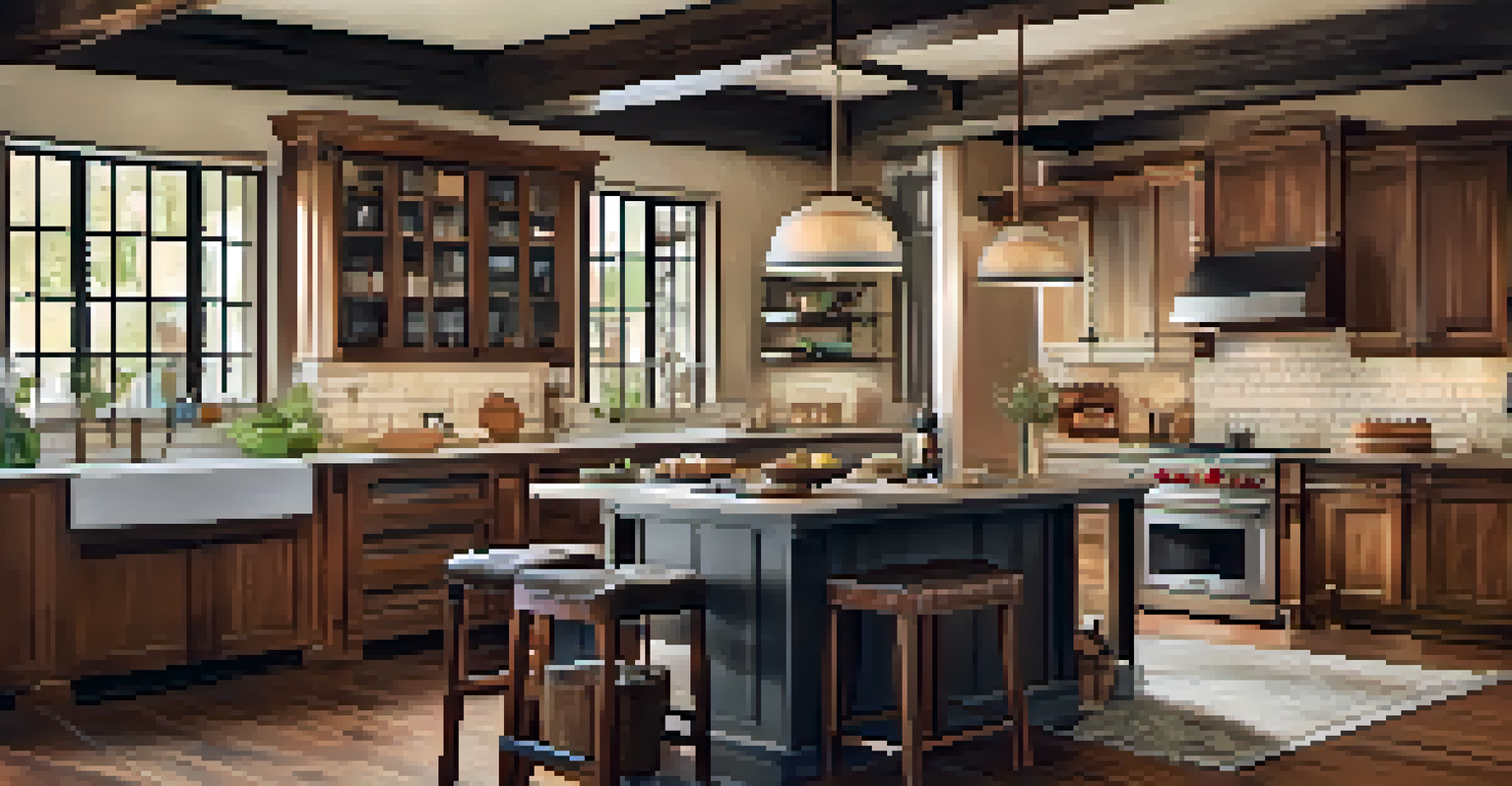 A charming kitchen that combines modern appliances with traditional design elements and rustic wooden beams.