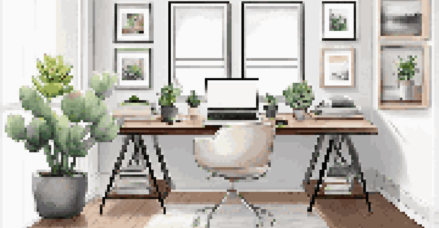 An organized home office with a white desk, laptop, coffee cup, and framed motivational quotes on the wall.