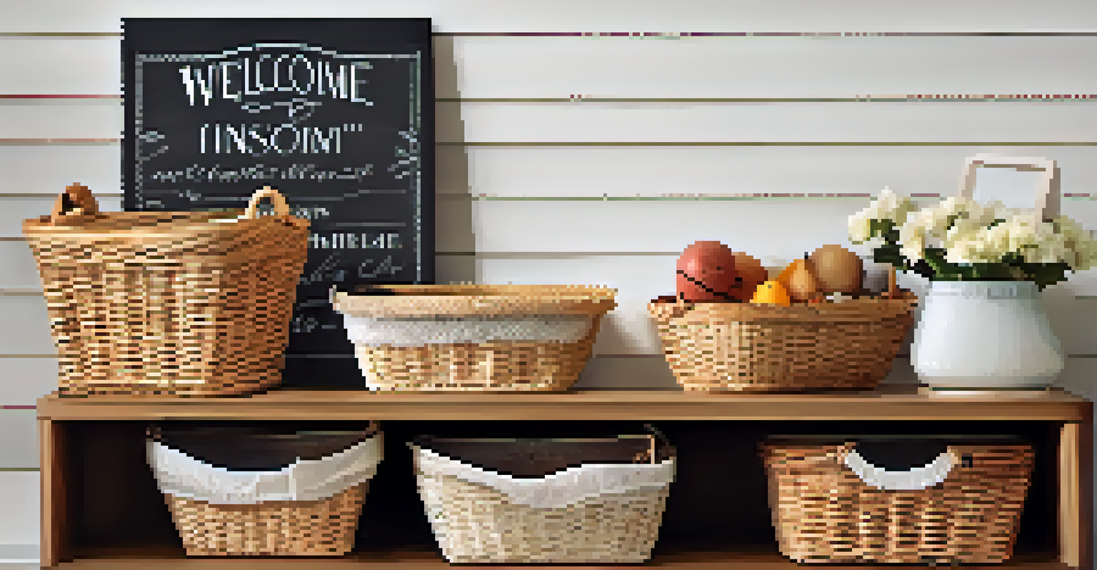 Close-up of labeled baskets for family members in an organized entryway, featuring decorative elements like a welcome sign.