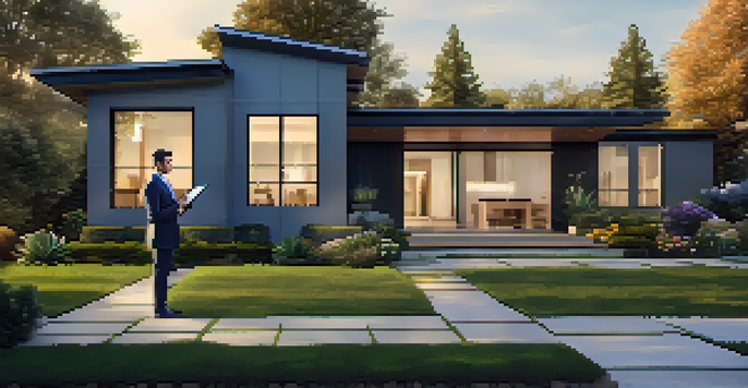 A real estate agent in professional attire in front of a modern home, holding a tablet with market information, under warm golden hour light.